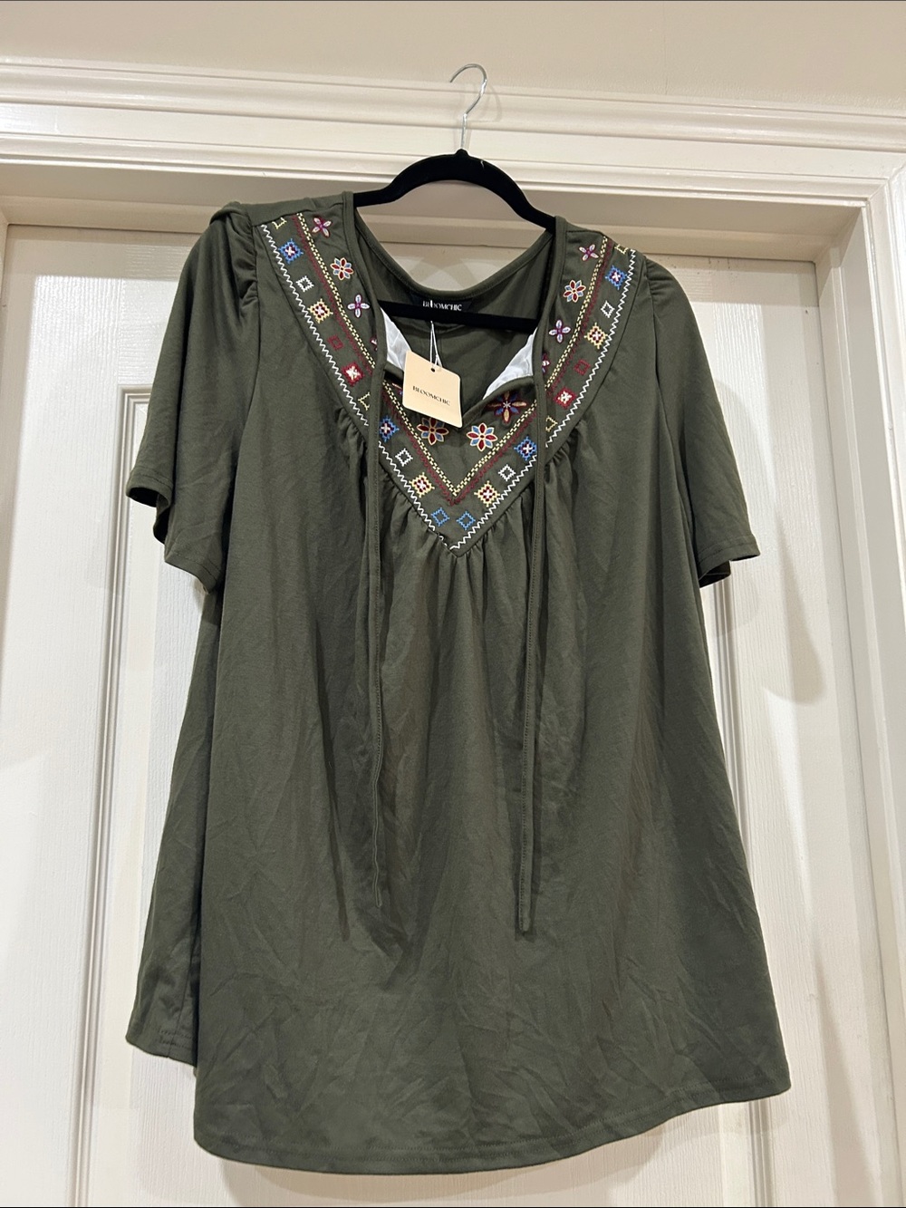 Bloomchic Olive Embroidered V-Neck Tunic Top